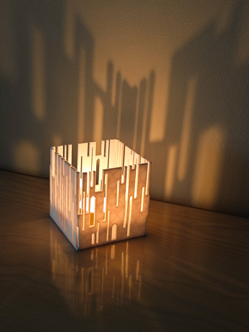 CityCube Candle Holder 3D printed cube with city window cutouts