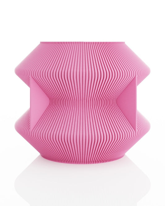 UOOLA Vase – low ribbed 3D printed geometric vase in pastel pink on white background